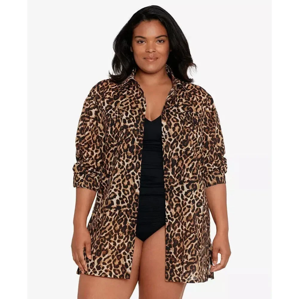 Ralph Lauren Leopard Print Split Neck Blouse Cover Up Size Large L